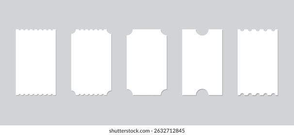 Set of white vector ticket mockups with ruffle edges and shadows. Movie, transport or theater ticket. Boarding blank, lottery, sale.
