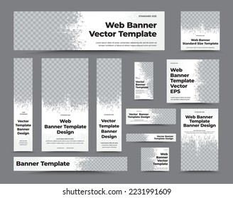 Set of white vector web banner templates with photo space and grunge elements. Different sizes for advertising. Design for advertising