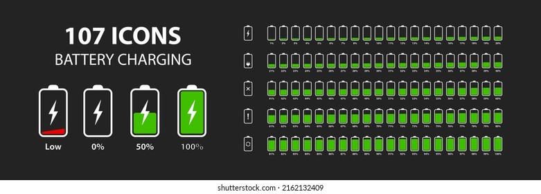 Set of white vertical battery level indicators in percentage vector. Battery indicator symbols. 0-100 percent. Battery for the dark theme. EPS10 svg