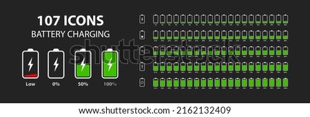 Set of white vertical battery level indicators in percentage vector. Battery indicator symbols. 0-100 percent. Battery for the dark theme. EPS10