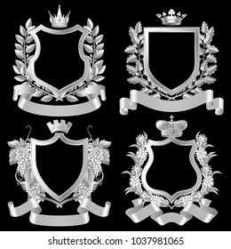 Conjunto de elementos de diseño blanco vintage aislados en negro. Símbolos heráldicos plateados con marcos. Ilustración del vector