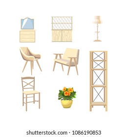 A set of white vintage furniture. Flower pot. Soft and wooden furniture for the interior. Isolated icons. Vector illustration
