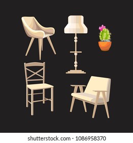 A set of white vintage furniture. Flower pot. Soft and wooden furniture for the interior. Isolated icons. Vector illustration