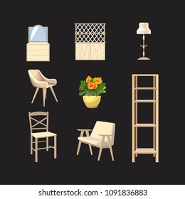 A set of white vintage furniture. Flower pot. Soft and wooden furniture for the interior. Isolated icons. Vector illustration