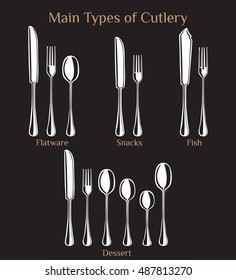 Set of white vintage hand drawn cutlery on black background vector illustration