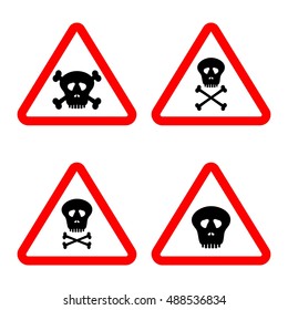 A set of white warning signs with red contour and a human skull with bones crossover on a white background