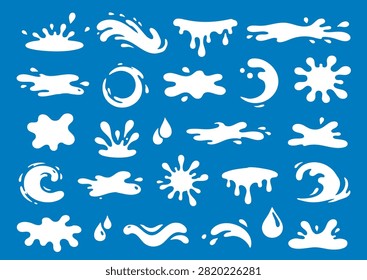 Set of white water splashes, liquid drops and fluid spill silhouettes on a blue background. Ideal for milk, paint, or wet concepts in modern graphic design, packaging and branding.