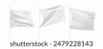 Set of White waving flag on flagpole. Realistic 3d design flag flies on the wind on isolated white background. vector illustration