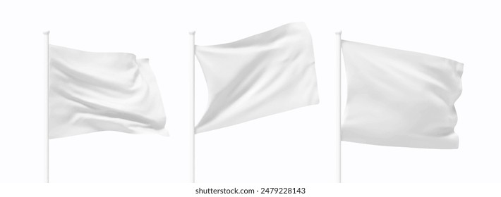 Set of White waving flag on flagpole. Realistic 3d design flag flies on the wind on isolated white background. vector illustration