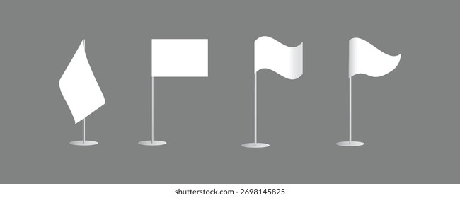 Conjunto de bandera ondeando blanco en asta de bandera. Maquillaje de varias banderas en el poste. Bandera o maqueta de Anuncio con espacio de copia aislado sobre fondo blanco.