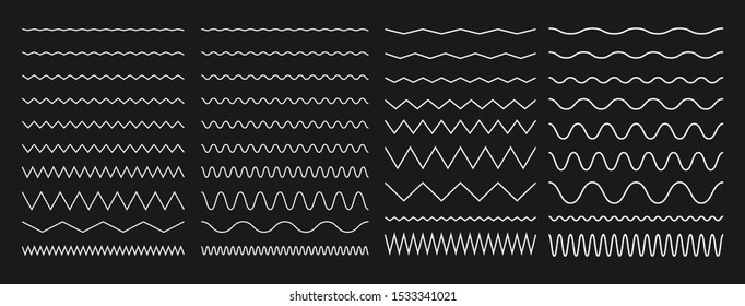 Set of white wavy, zigzag line isolated on black background. Chalk border elements for page decoration.