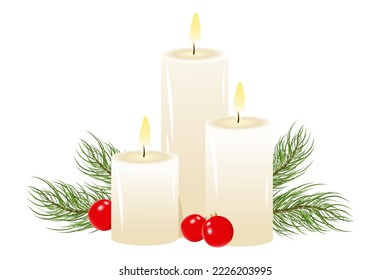 A set of white wax candles decorated with fir branches and red Christmas balls.An element of Christmas design.Vector illustration.