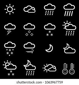 Set of white weather icons on a black background.