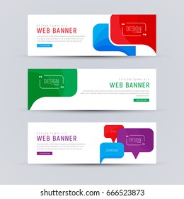 set of white web banners with colored bubbles talking. Horizontal template with text and button. Vector illustration