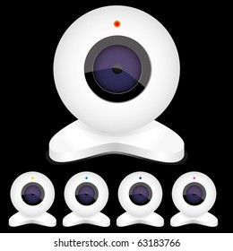 Set of white webcams with bright lights, vector illustration