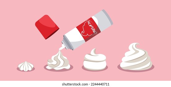 Set of white whipped cream in cartoon style. Vector illustration of sweet cream of different shapes and textures and a bottle of whipped cream isolated on a pink background.