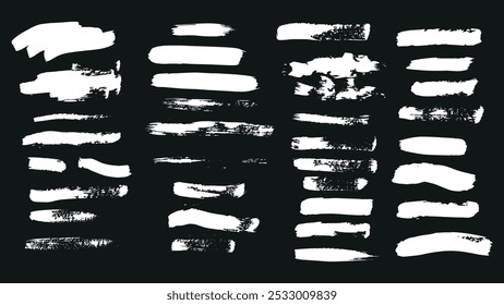 Set of white wide brush strokes on a black background, set of strokes for text, grunge elements, collection of vector paint brush strokes, white rectangular long strokes drawn with wide brush