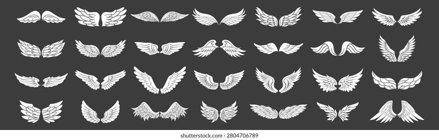 Set of white wing icons in various styles. Collection of wing emblems on black background.