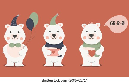 Set of white winter bears with cap, scarf, heart.