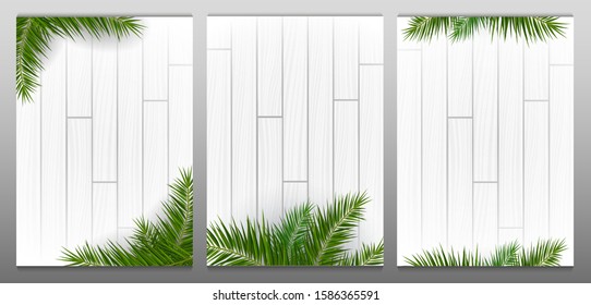 Set of White Wooden backgrounds with exotic palm leaves