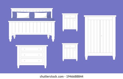 Set of white wooden bedroom furniture with double bed, wardrobe, night tables and chest of drawers. Isolated vector illustration.