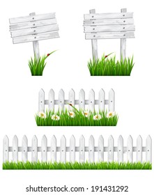 Set of white wooden signs and a fences with grass. Vector.