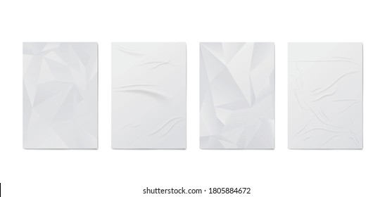 Set of white wrinkled and creased paper sheets or posters, realistic vector illustration isolated on white background. Mock up of blank crumpled posters glued to wall.