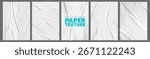 Set of white wrinkled poster, glued paper banner, wet newspaper or notebook sheet and crumpled adhesive sticker mockup isolated on overlay background. Torn or damaged business page and plastic label.