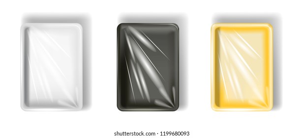 Set of white, yellow, black polystyrene packaging, with transparent film. Isolated on white background. Vector.