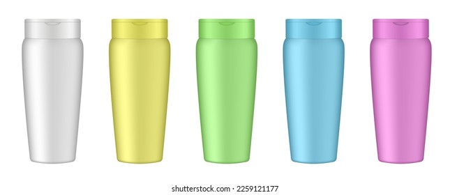 Set of white, yellow, green, blue and pink cosmetic bottles. Realistic mockup. Korean packaging. Lotion or shower gel. Conditioner or hair mask