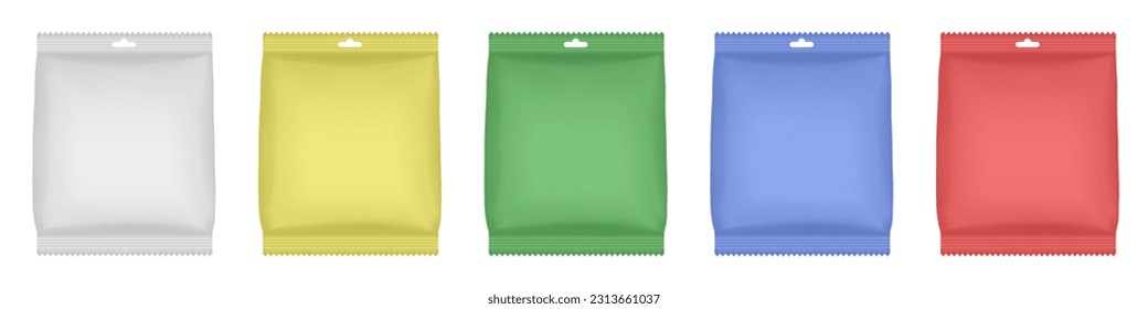 Set of white, yellow, green, blue and red flow packs. Candies or snacks. Realistic 3d mockup of a flow pack or sachet. Pouch with a hanging hole