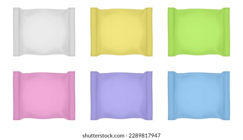Set of white, yellow, green, pink, purple and blue  flow packs. Chocolate bar or ice cream wrapper. Silver foil bag. Realistic 3d mockup of a cookie snacks. Pouch