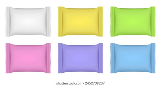 Set of white, yellow, green, pink, violet and blue flow packs. Chocolate bar or ice cream wrapper. Silver foil bag. Realistic 3d mockup of a cookie snacks. Pouch	