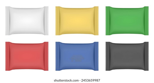 Set of white, yellow, green, red, blue and black flow packs. Chocolate bar or ice cream wrapper. Silver foil bag. Realistic 3d mockup of a cookie snacks. Pouch