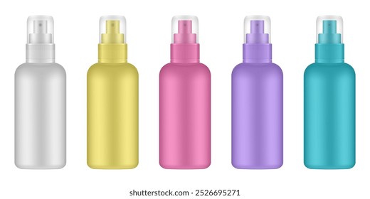 Conjunto de garrafas cosméticas brancas, amarelas, cor-de-rosa, roxas e azuis com bomba. Dispensador. Embalagem coreana. Loção ou soro. Névoa, spray de cabelo, recipiente de purificador de ar. Modelo de aerossol. Tampa transparente