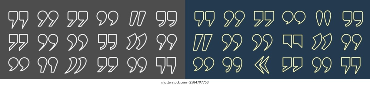 A set of white and yellow quotation mark outlines on a gray and blue background. Quotation marks in the title, round ticks, and quote icons in the comments. Comma characters. Vector EPS 10.