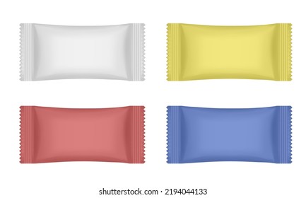 Set of white, yellow, red and blue flow packs. Chocolate bar or ice cream wrapper. Silver foil bag. Soap or wet wipes. Realistic 3d mockup of a flow pack or sachet. Pouch