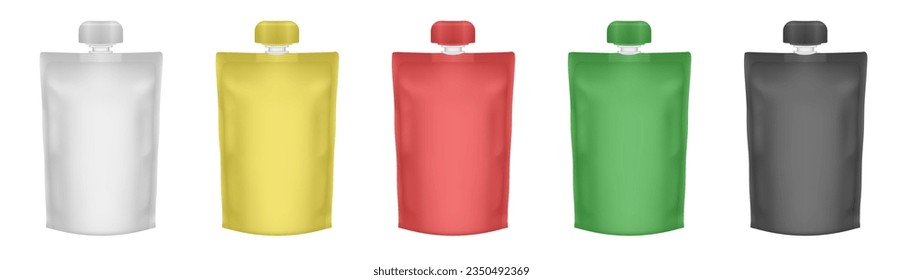 Set of white, yellow, red, green and black spouted pouches. Fruit puree in a doy pack. Juice in a plastic bag. Flexible doypack with cap. Baby food pack