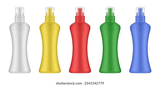 Set of white, yellow, red, green and blue cosmetic bottles with pump. Dispenser. Korean packaging. Lotion or serum. Mist, hair spray, air freshener container. Mockup of aerosol. Transparent cap