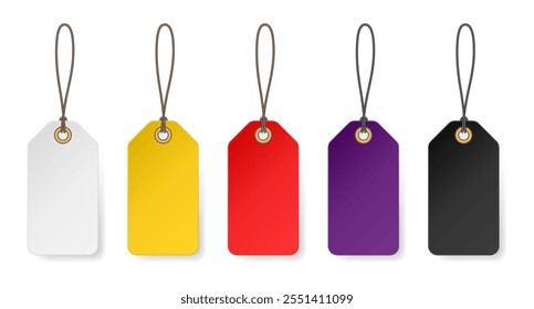 Set of white, yellow, red, purple and black price tags. Luggage tag. Cardboard label for clothes.