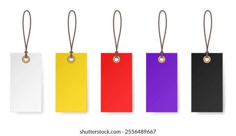 Set of white, yellow, red, purple and black rectangular price tags. Luggage tag. Cardboard label for clothes.	