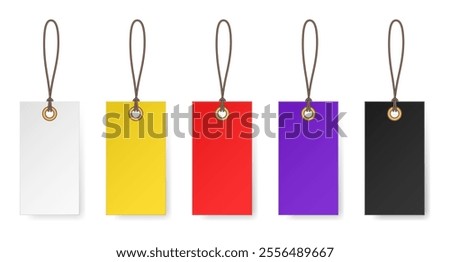 Set of white, yellow, red, purple and black rectangular price tags. Luggage tag. Cardboard label for clothes.	