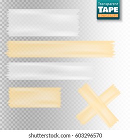 Set of white and yellow transparent scotch tape sticky slices isolated. Vector illustration
