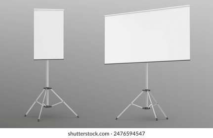 Set of whiteboards on tripod stands isolated on background. Vector realistic illustration of easel with blank rectangular sheet for business presentation, white flipchart mockup, projector canvas