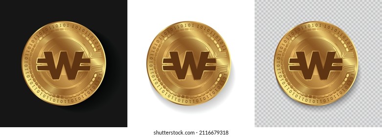 Set of WhiteCoin XWC cryptocurrency logo in golden coins vector illustration isolated in white, dark and transparent background. Can be used as crypto label,sticker, icon, badge, and emblem