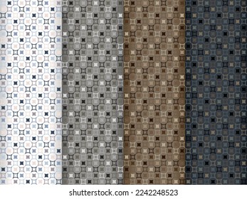 Set of white,gray, brown and dark blue gray seamless geometric patterns. Circle and star motif, for masculine clothing all over print block silk scarf garment. Tile swatch included.