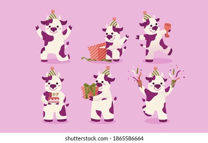 Set of white-purple spotted cow. Animal characters in various gestures vector illustration on pink background.