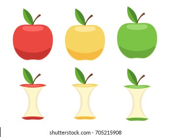 Set of whole apples and Apple cores, red, yellow and green. Vector illustration in flat style isolated on white background