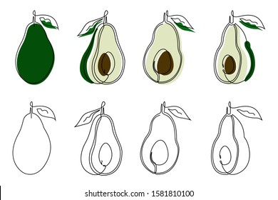 Set of the whole avocado and its halves drawn in line art style. Contours with and without colored substrates on a white background. Vector.