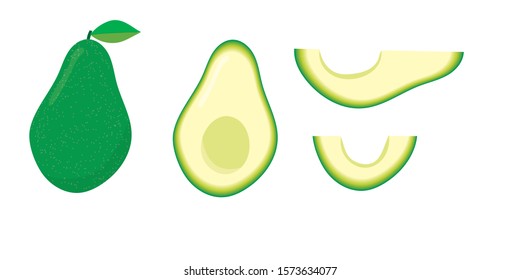 Set of whole avocado, its halves and sliced avocado without pits, isolated on a white background. Vector illustration, flat.